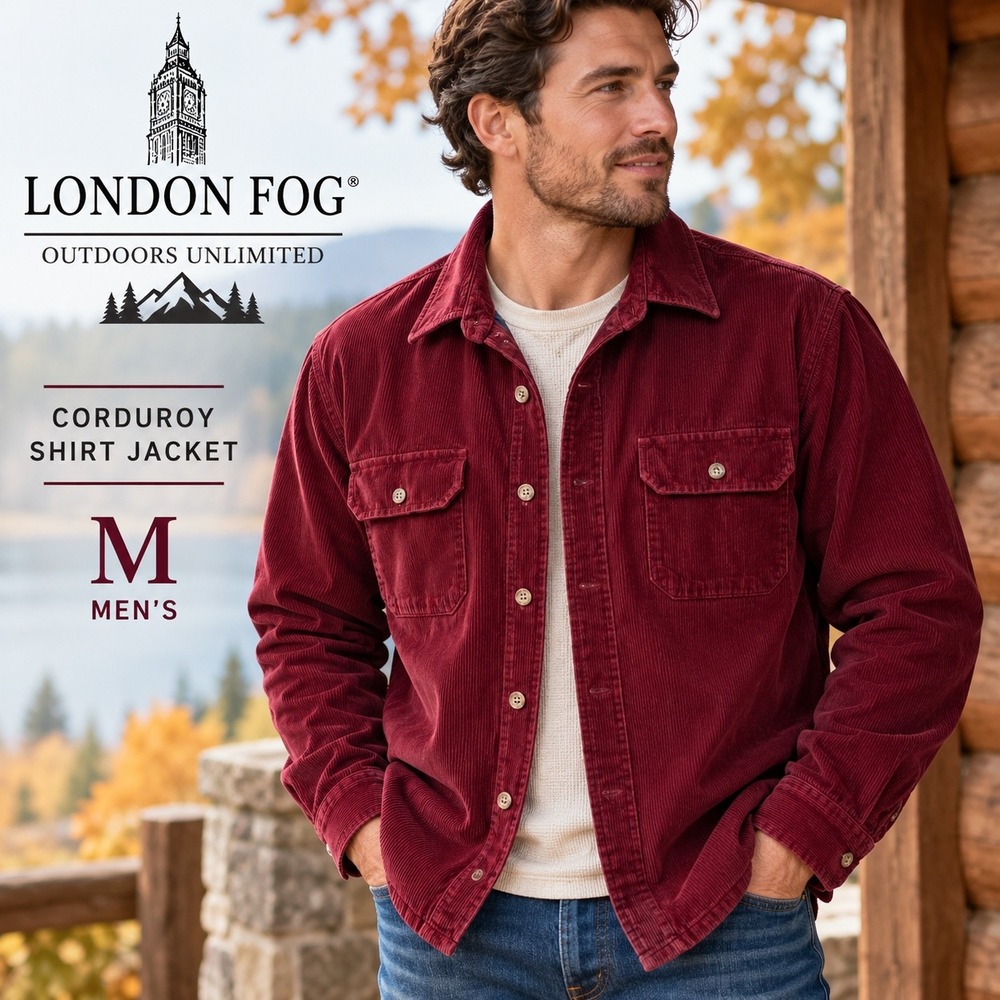 London Fog Outdoors Unlimited Corduroy Shirt Jacket Men M Burgundy Quilted Lined